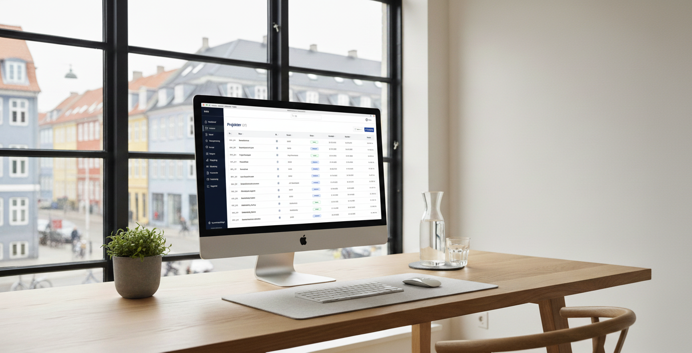 Skærmbillede af et kontor med DASO projektstyringssoftware åbent på skærmen