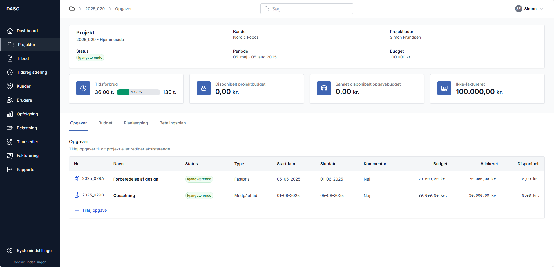 Projektstyring system med overblik over projekter, opgaver og økonomi